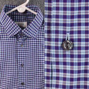 Eton Blue Purple All Cotton Check Romania Slim Large York Premium Shirt Men